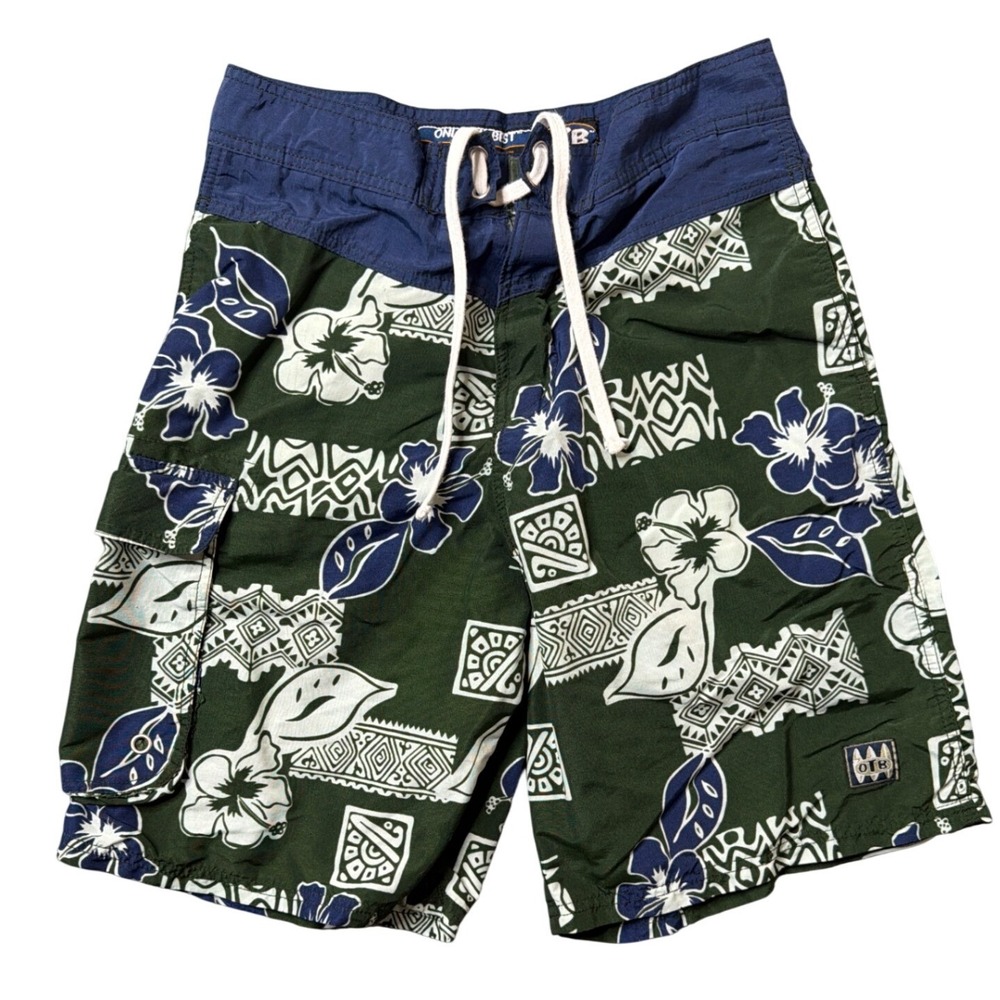 OTB Board Shorts Mens 30 Only The Best Green Blue Tropical Tribal Surf 1142